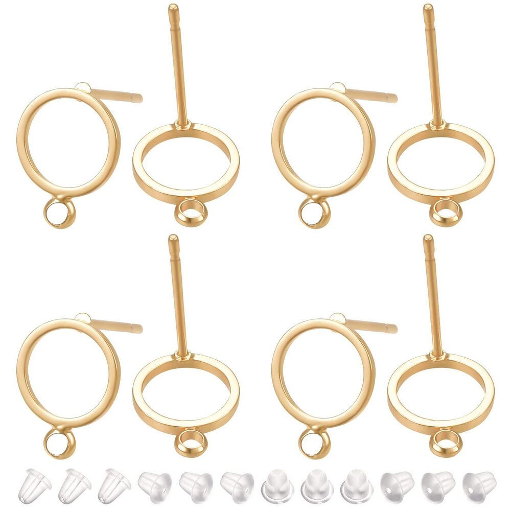 6983 20Pcs 18K Gold Plated Brass Stud Earring, Open Ring with Loop Earring